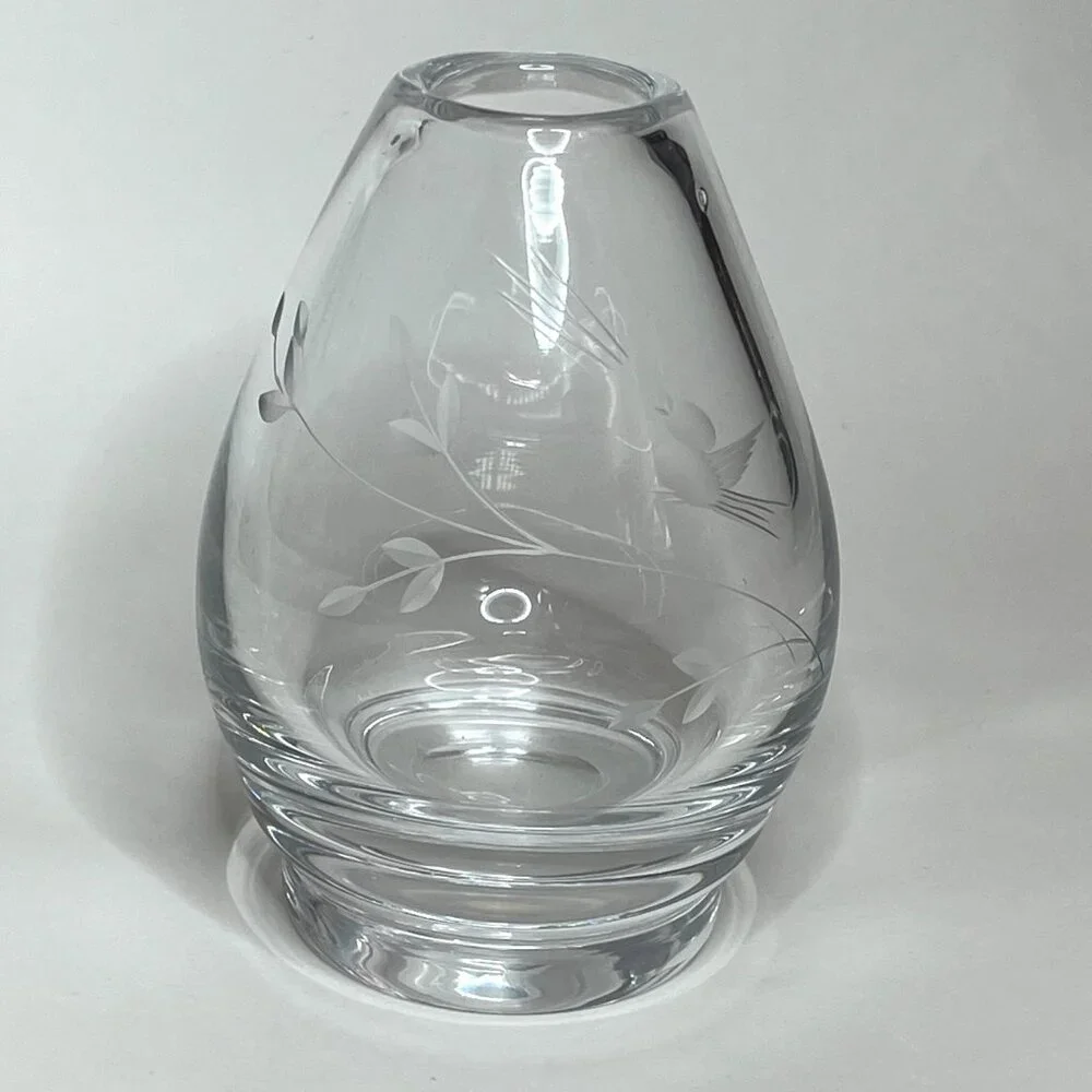 Vintage Kosta Sweden Etched Glass Vase w/ Singing Bird